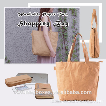 Top Quality Waterproof Recycle Kraft Paper Shoulder Strap Handbag With Zipper Closure